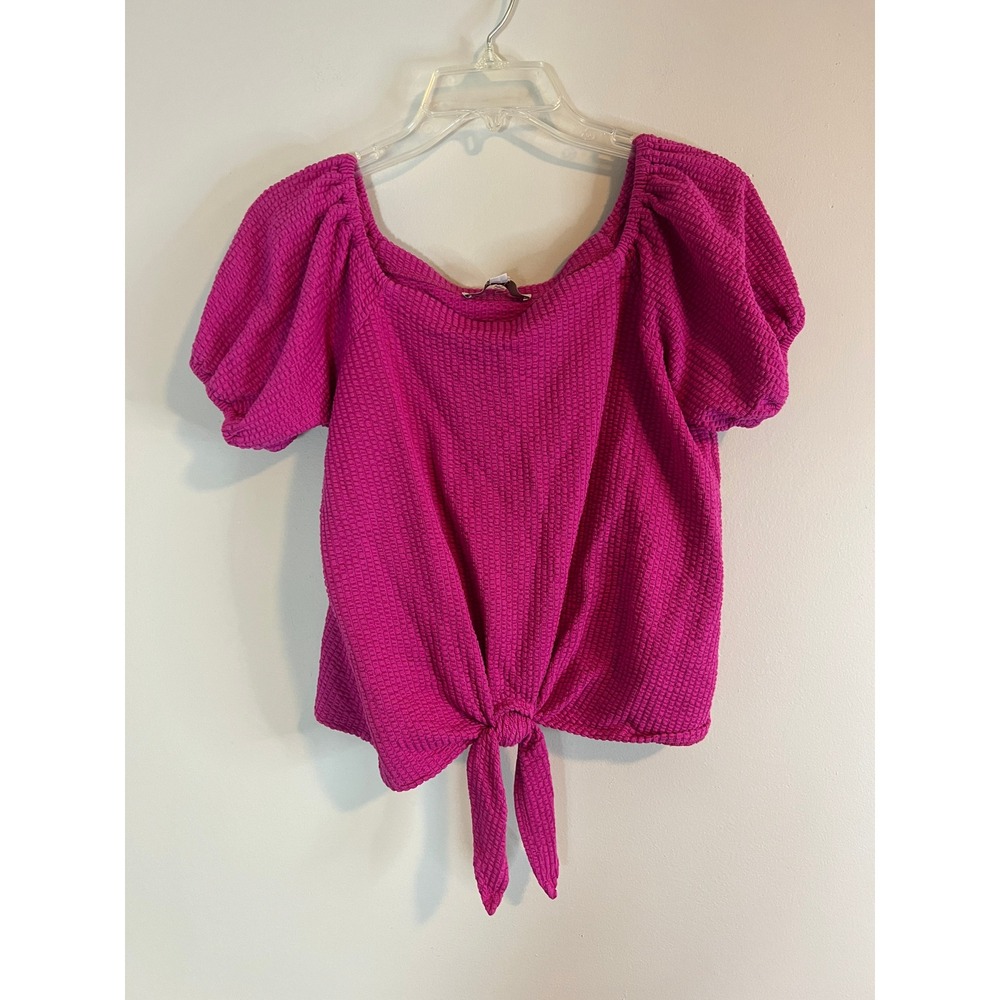 Loft Womens Magenta Pink Textured Tie Front Puff Sleeve Knit Top Small